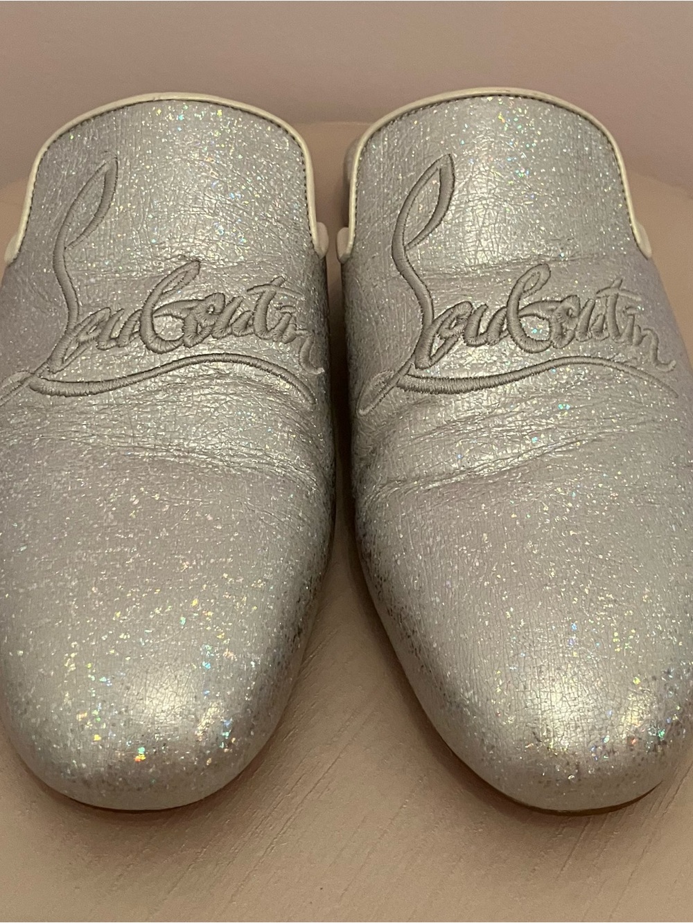 36 1/2 Christian Louboutin Silver Glitter Slip-On Mules with Red Sole - Picture 2 of 13